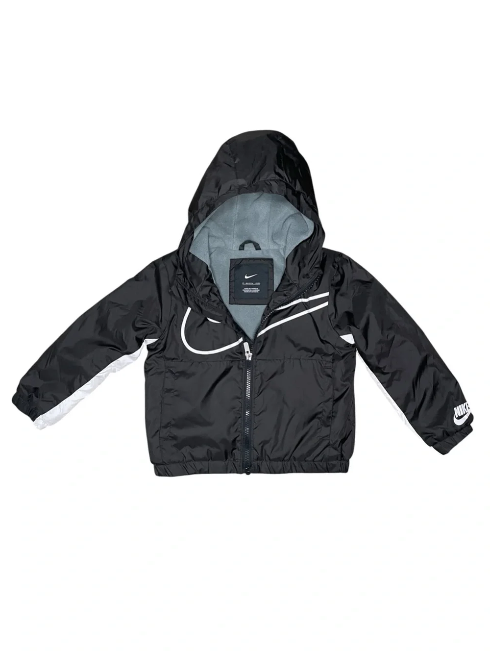 Nike Black with White Swoosh Hooded Fleece Lined Fall/Spring Jacket-Kids 7